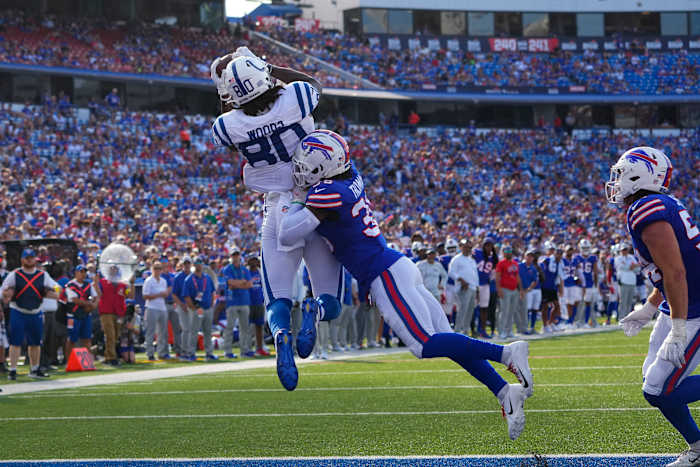 Aug 13, 2022; Orchard Park, New York, USA; Indianapolis Colts tight end Jelani Woods (80) catches a pass for a touchdown with Buffalo Bills safety Josh Thomas (36) defending during the second half at Highmark Stadium. Mandatory Credit: Gregory Fisher-USA TODAY Sports